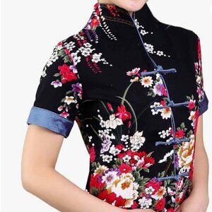 Womens Cotton Linen Short Sleeve Chinese Shirt with Flower Print Size M